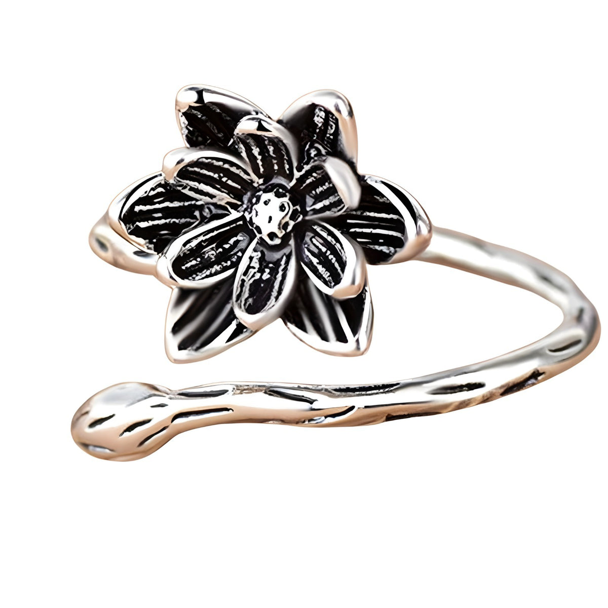 925 Sterling Silver Lotus Flower Ring (Adjustable) - Bohemian Vintage Floral 387