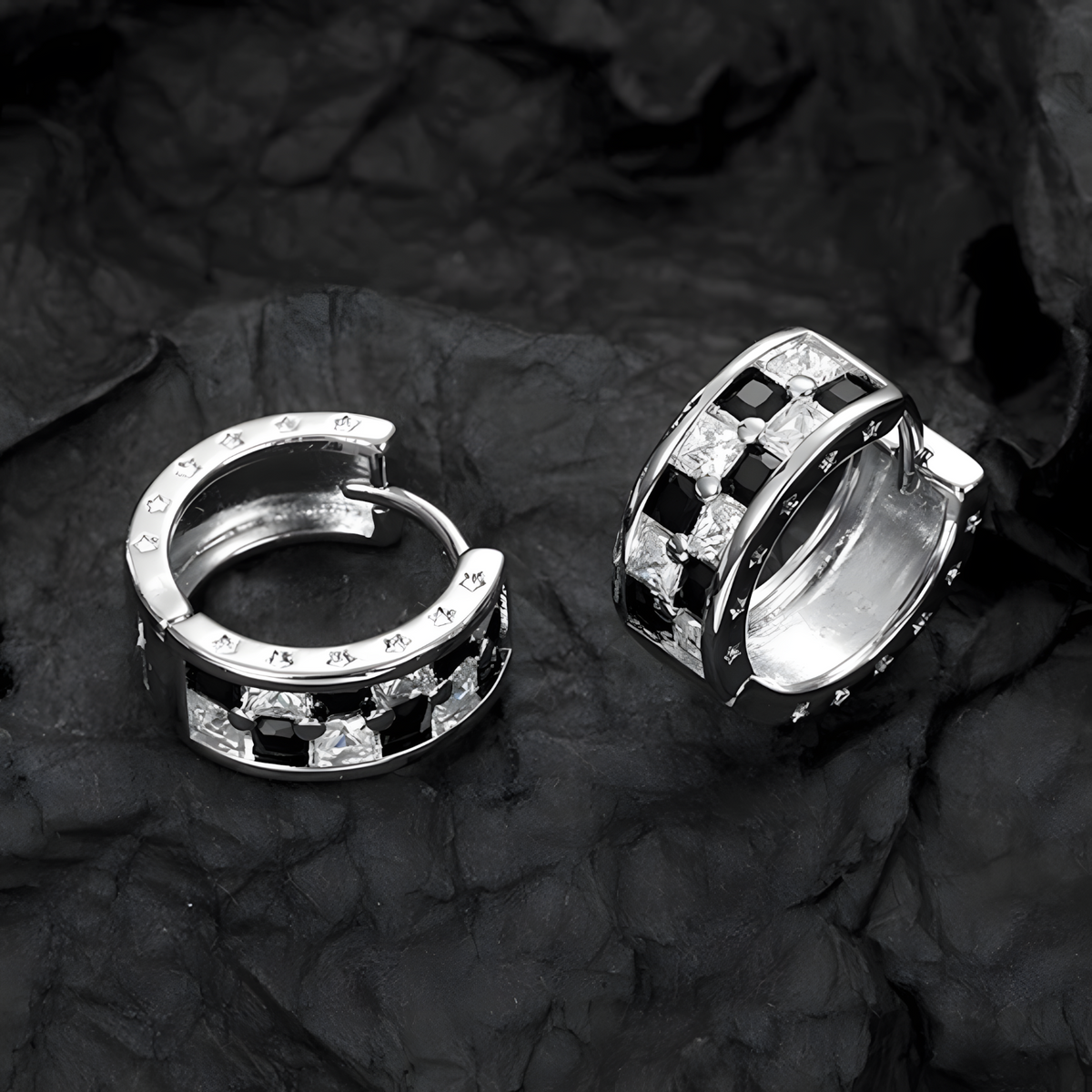 925 Sterling Silver Huggie Hoop Earrings Women Black & White Zircon Inlay 318