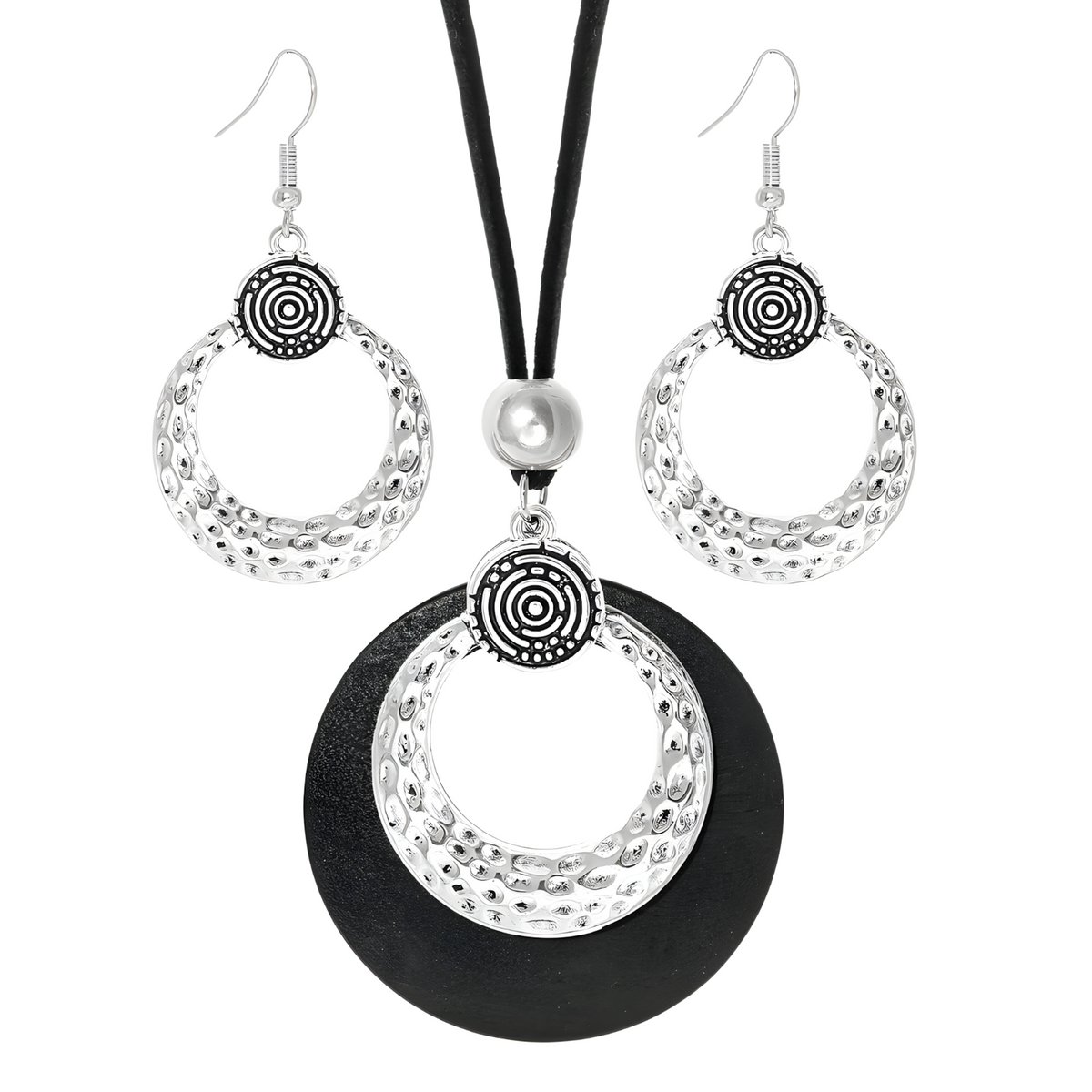 Boho Hammered Hoop Jewellery Set Women, Black Cord Round Pendant Necklace 1709