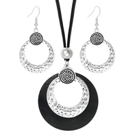 Boho Hammered Hoop Jewellery Set Women, Black Cord Round Pendant Necklace 1709