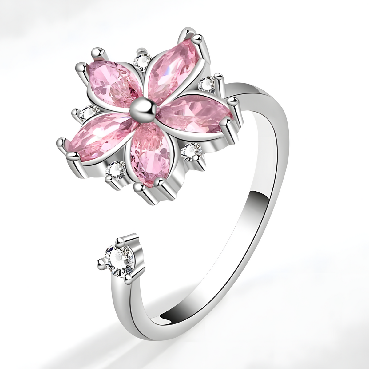 925 Sterling Silver Pink Zircon Rotatable Flower Adjustable Ring Spinning 365