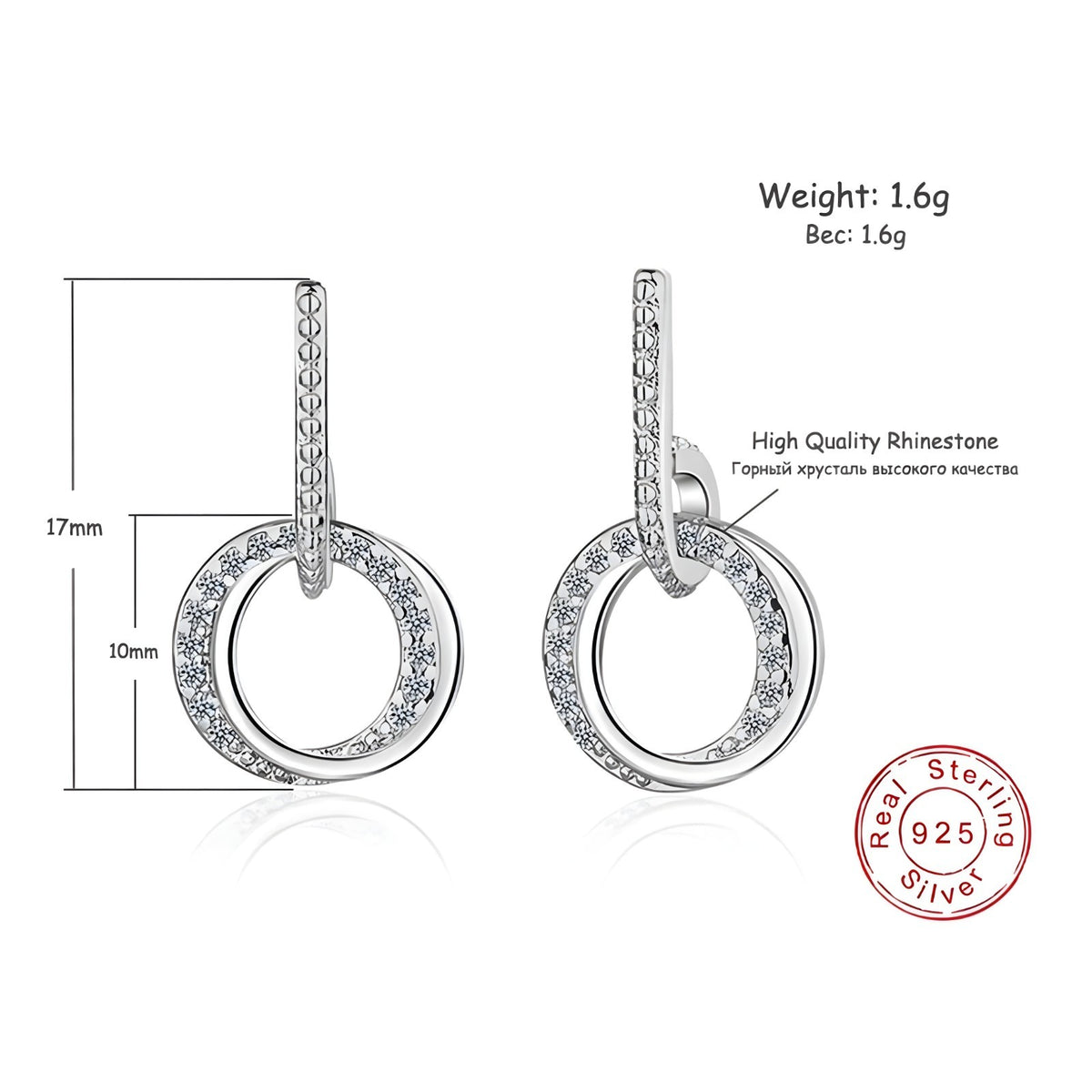 Sterling Silver Double Circle Drop Earrings with Rhinestone Accents Elegant 346