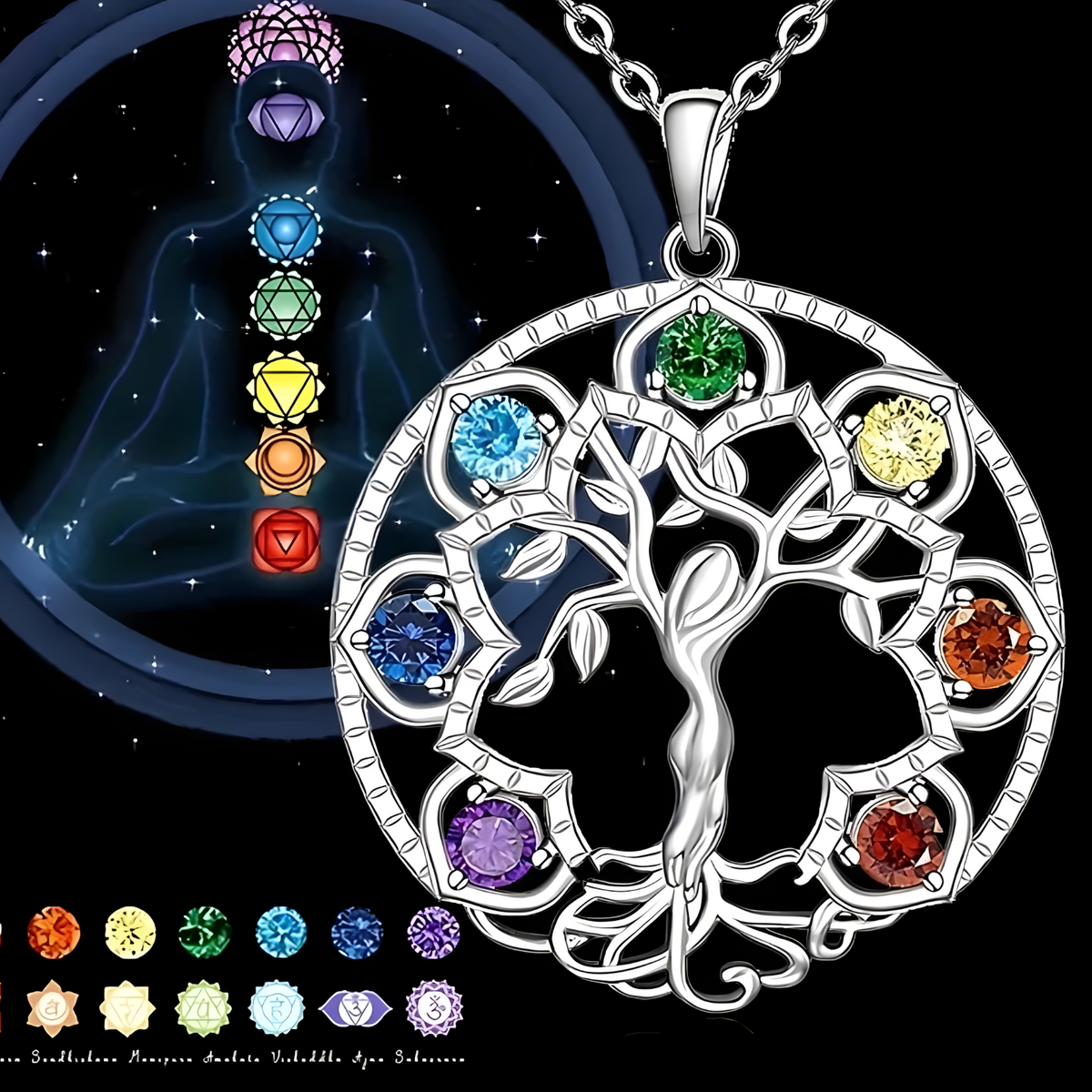 Zinc alloy metal pendant with silver tone finish and seven rainbow crystals 1064
