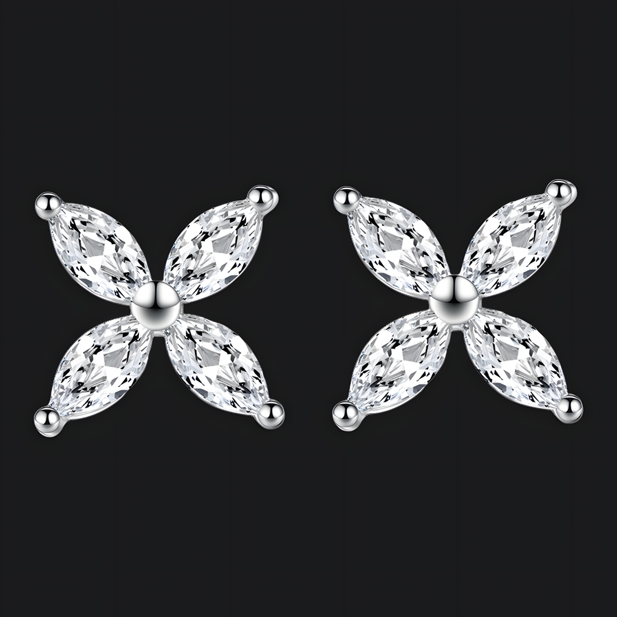 4-Petal Zircon Stud Earrings Women – 925 Silver-Plated Alloy Floral Design 1002
