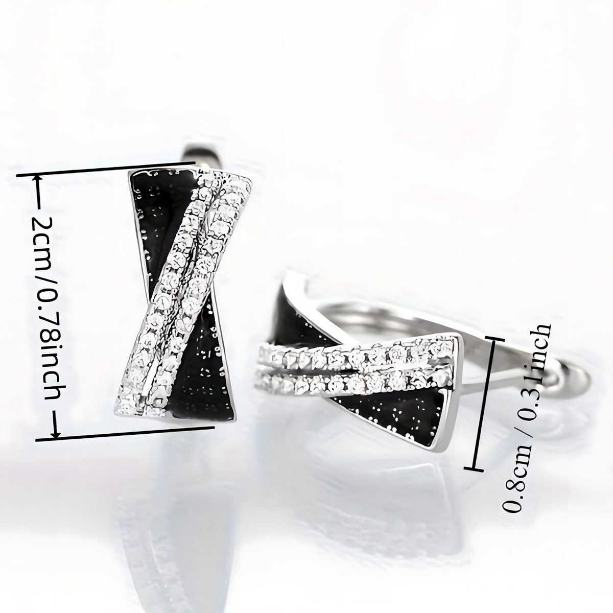 Modern Female Hoop Earrings: Black/White CZ X-Cross Two-Tone Design, 2cm 654