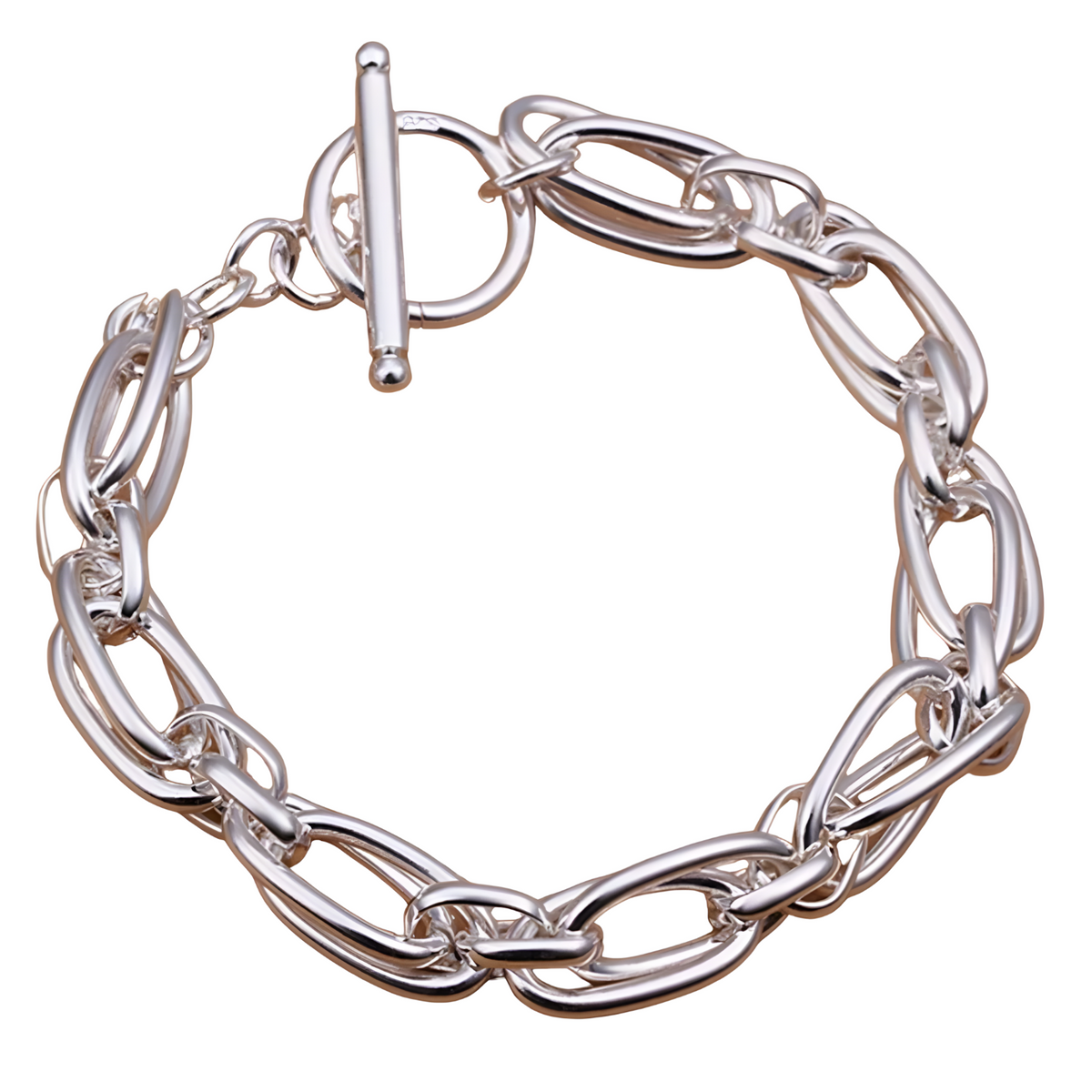 925 Sterling Silver Double Link Chain Toggle Clasp Bracelet for Women 445