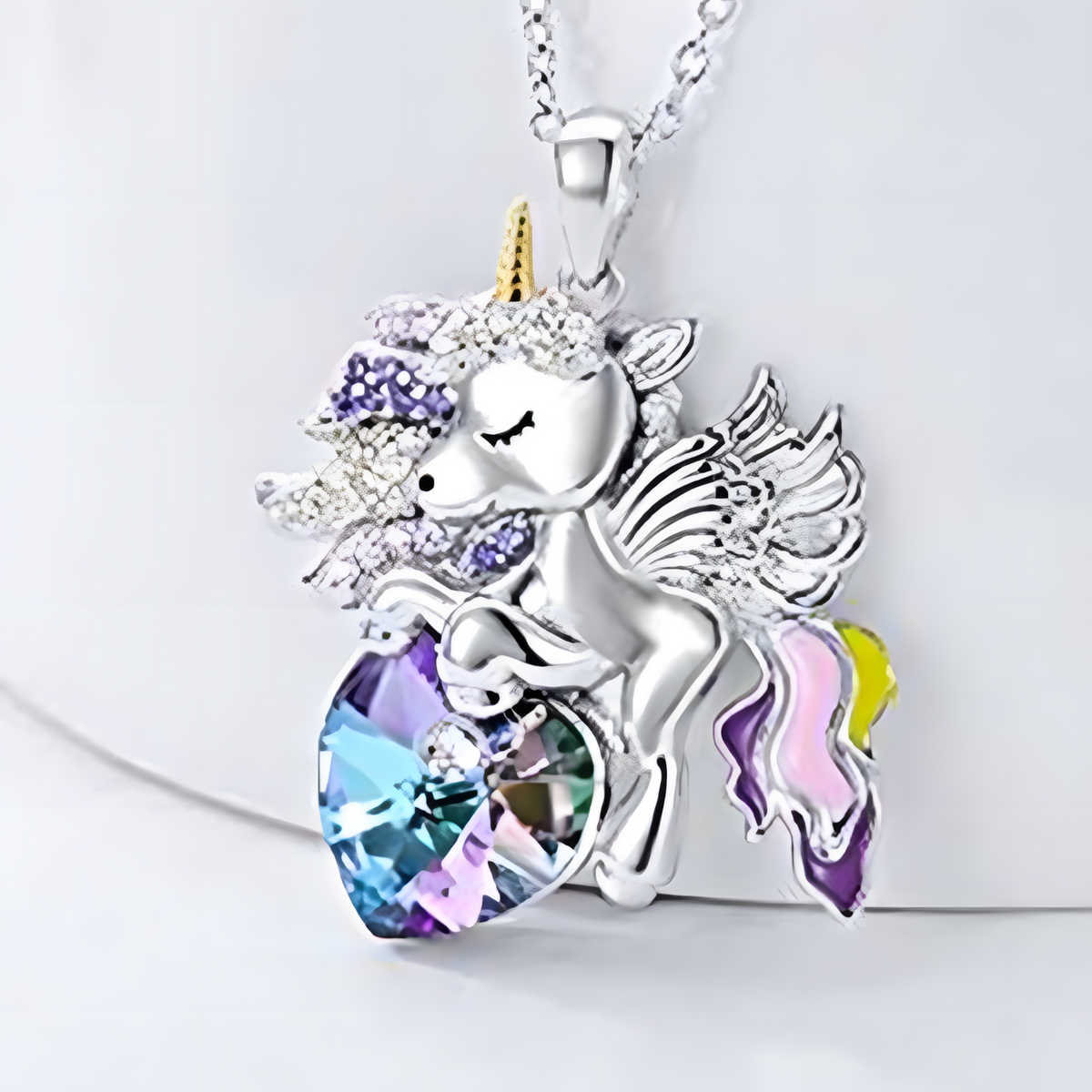 Unicorn Heart Pendant Necklace for Women – Colourful Crystal Glass Heart 1168