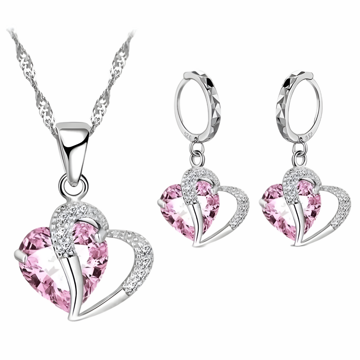 Pink Heart Crystal Jewellery Set for Women, Romantic Love Heart Pendant 1303