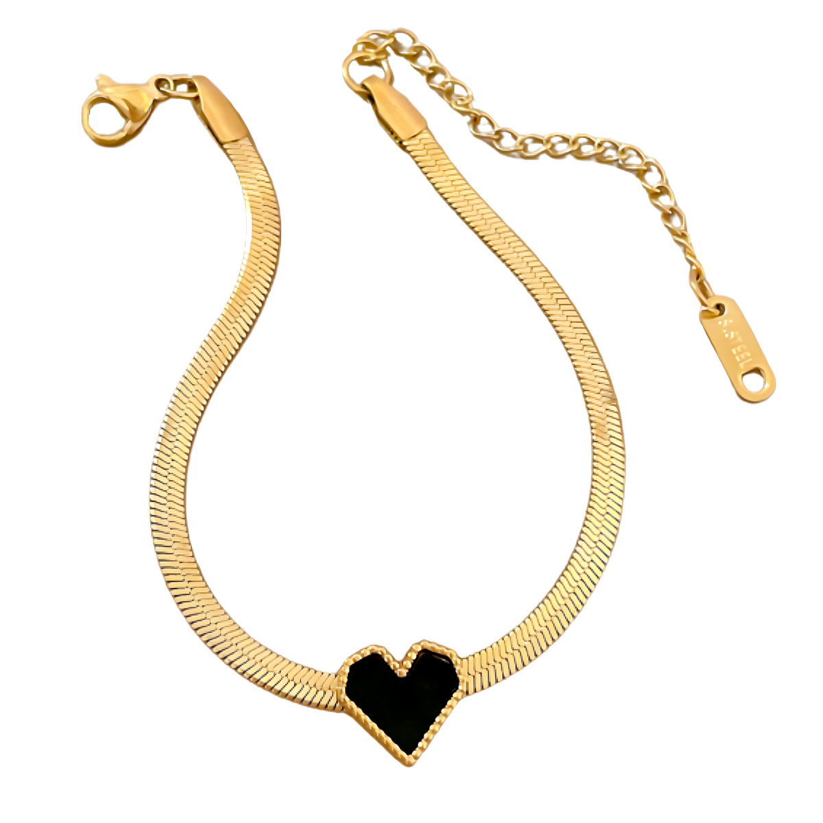 Gold Snake Chain Necklace with Black Heart Pendant – Stainless Steel & Shell 742