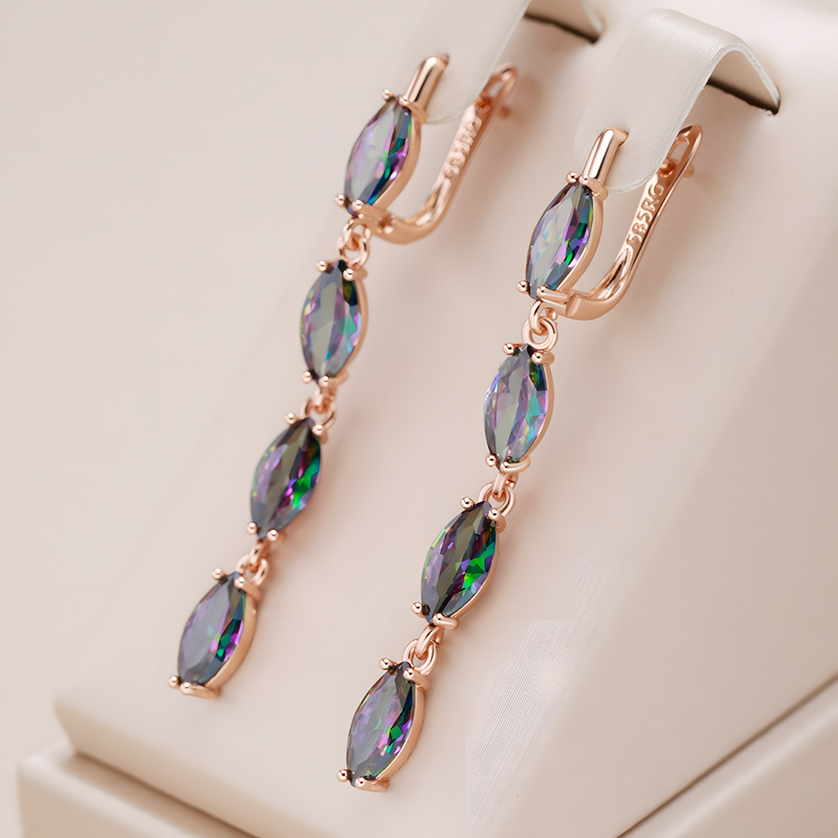 Colorful Natural Zircon Long Drop Earrings Women, Copper Base 585 Rose Gold 1278