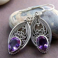 Purple Teardrop Crystal Look Drop Earrings For Women Silver Colour Filigree 1775