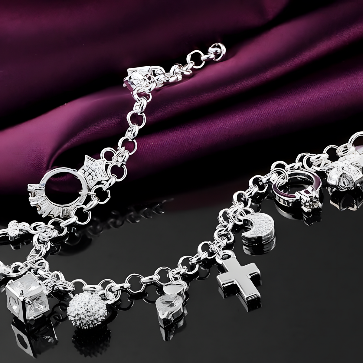 Charm Bracelet For Women With Heart Crown Cross Ring Star Round Link Chain 1762