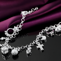 Charm Bracelet For Women With Heart Crown Cross Ring Star Round Link Chain 1762