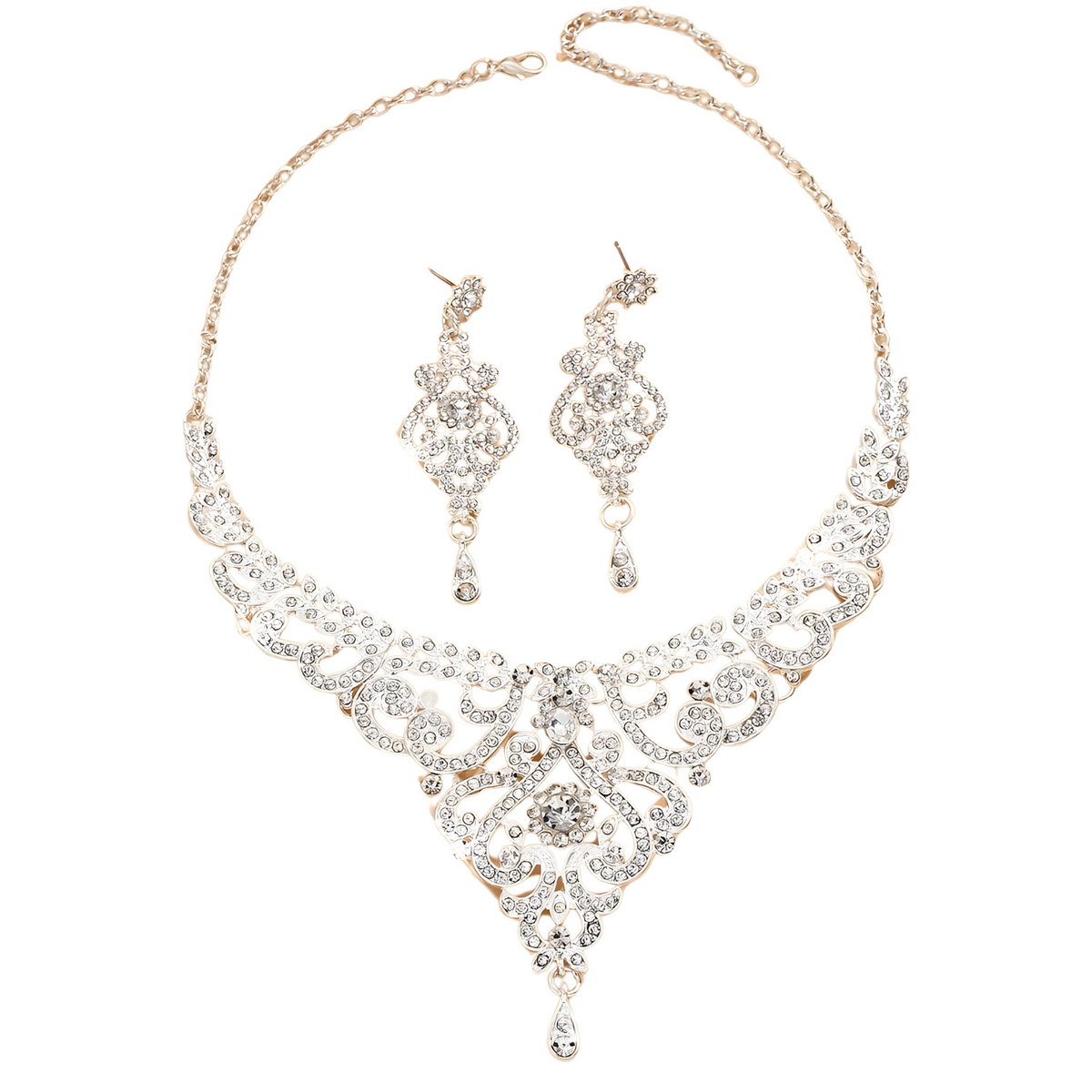 Silver Rhinestone Necklace and Earrings Set for Women – Elegant 45cm Palace 788