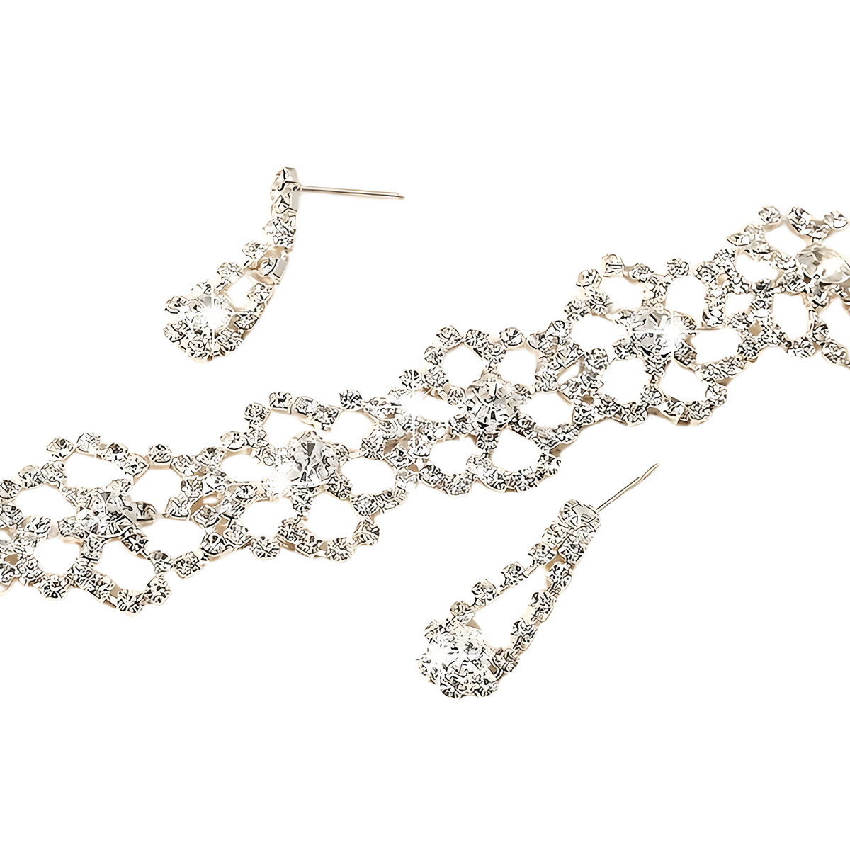 Silver Crystal Choker Necklace & Earrings Set Women – Sparkling Rhinestone 689
