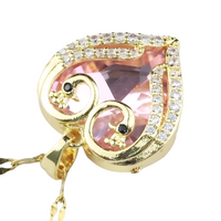 18K Gold Inlaid Pink Crystal Heart Pendant Necklace Cubic Zirconia Micro 1310