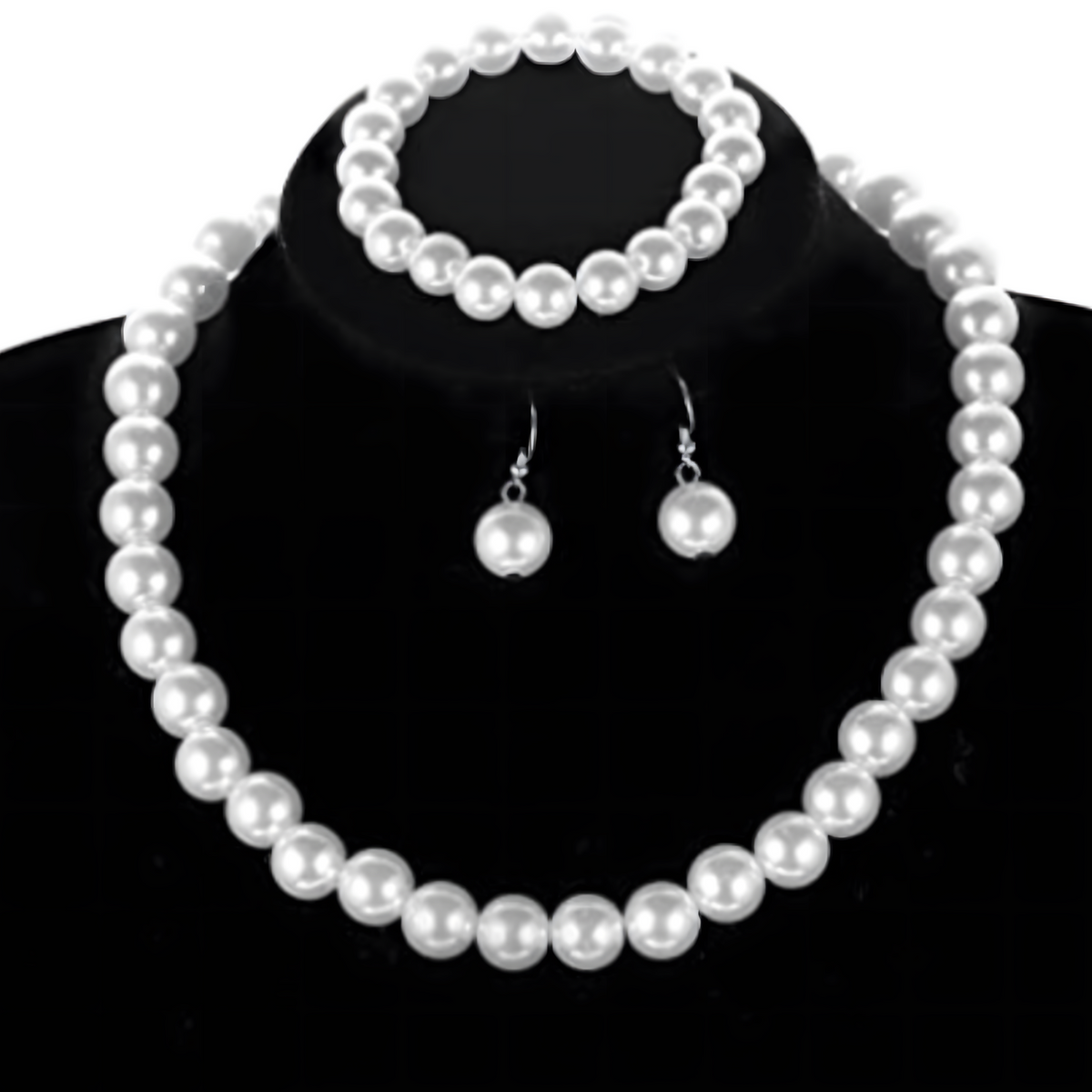 3 Piece Pearl Bead Jewelry Set - White Pearl Necklace, Bracelet & Earrings 714