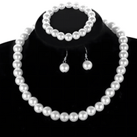 3 Piece Pearl Bead Jewelry Set - White Pearl Necklace, Bracelet & Earrings 714