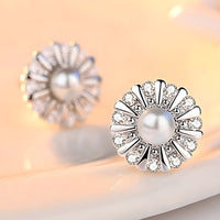 925 Sterling Silver Sunflower Stud Earrings Freshwater Pearl & Cubic Zircon 343