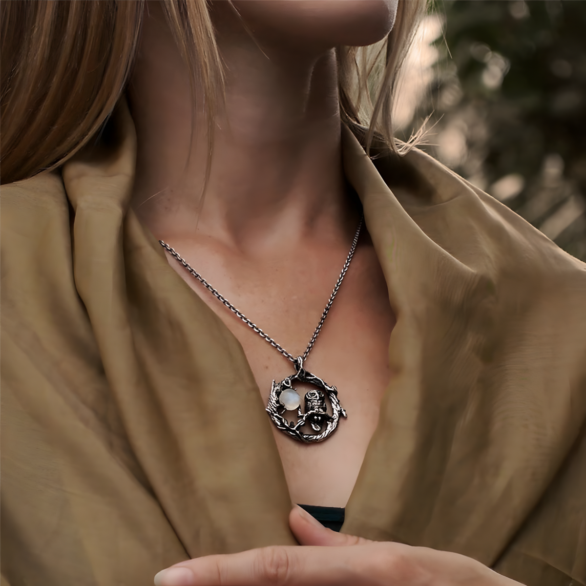 Zinc Alloy Natural Stone Owl Necklace for Women – Silver Tone Crescent Moon 1091