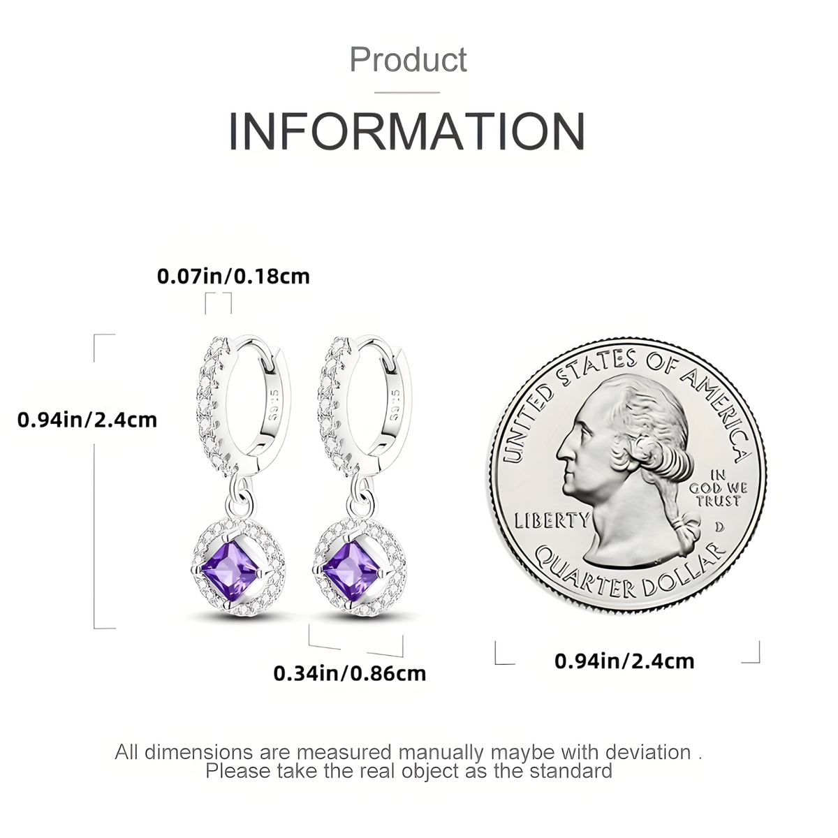 925 Sterling Silver Purple Zircon Drop Earrings Women –Elegant Square Dangle 834