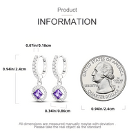 925 Sterling Silver Purple Zircon Drop Earrings Women –Elegant Square Dangle 834