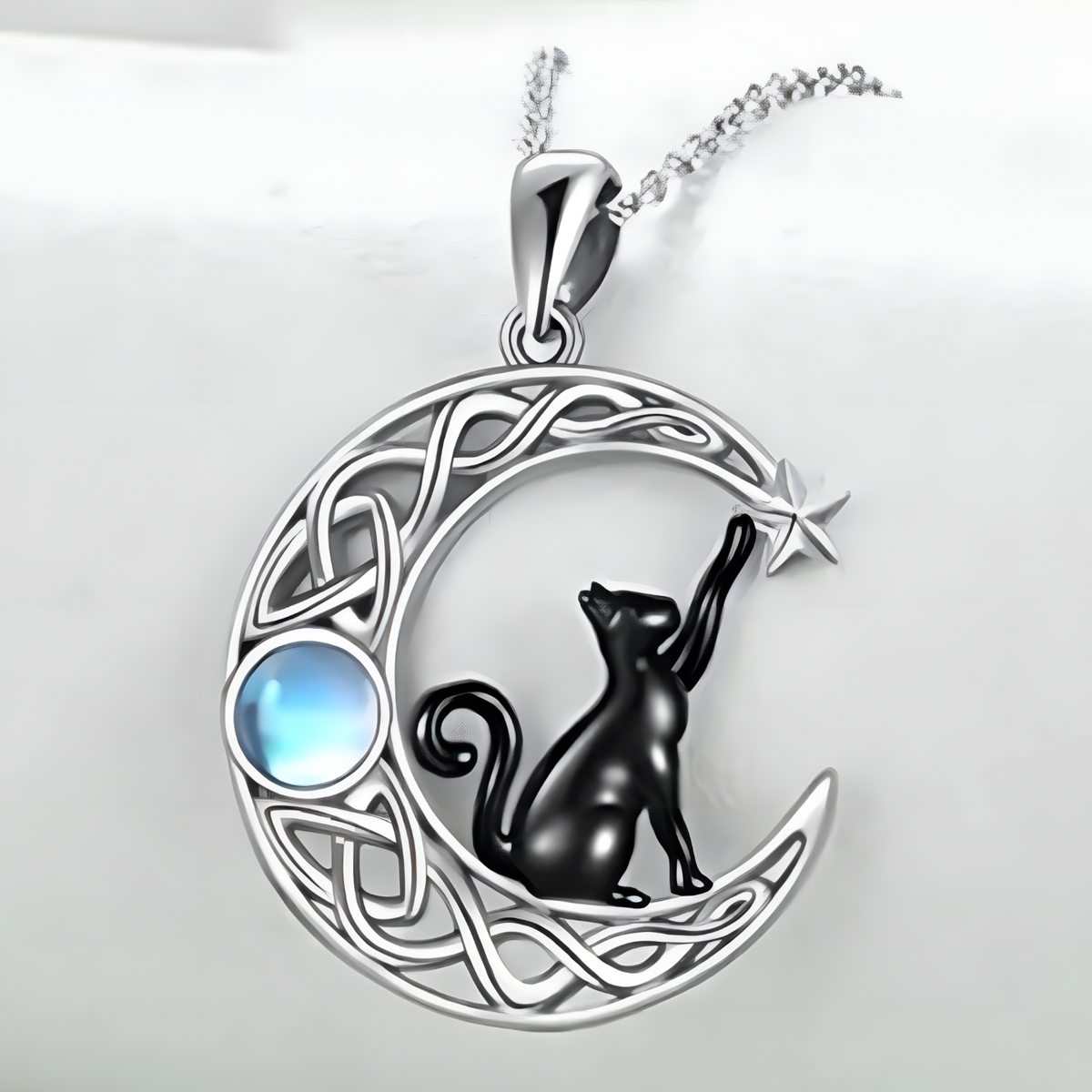 Crescent Moon Cat Necklace Women – Silver-Tone Zinc Alloy Celtic Knot Moon 1080