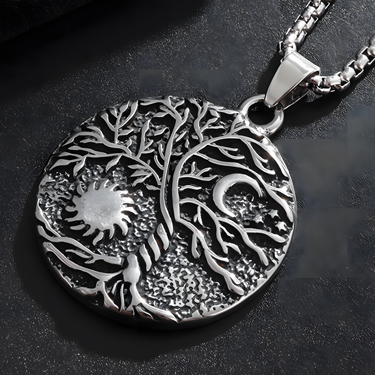 Vintage Tree Of Life Sun And Moon Pendant Necklace Celtic Nordic Round Rune 1093