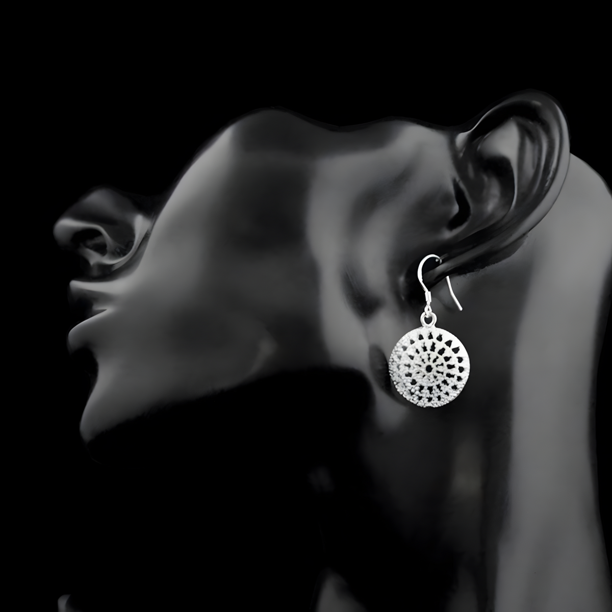 925 Sterling Silver Filigree Drop Earrings - Round Lace Dangle Earrings 362
