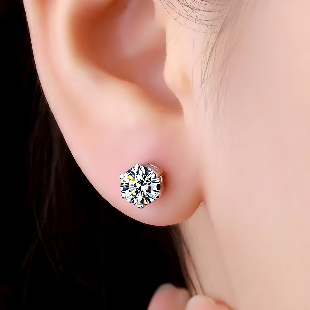 Silver-Plated CZ Solitaire Stud Earrings Women – Classic 6-Prong Round Cubic 988