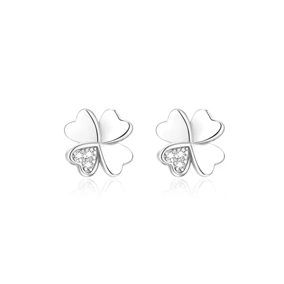 925 Silver-Plated Four Leaf Clover Heart Stud Earrings Women Crystal Accent 1055