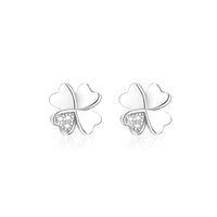 925 Silver-Plated Four Leaf Clover Heart Stud Earrings Women Crystal Accent 1055