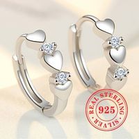 925 Sterling Silver Heart Hoop Earrings Cubic Zirconia 1.3cm Elegant Design 159