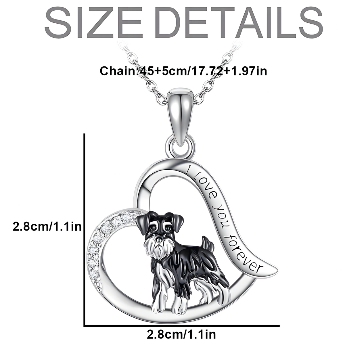 Silver Plated Schnauzer Dog Heart Pendant Necklace 45cm Chain Love Dog 1252