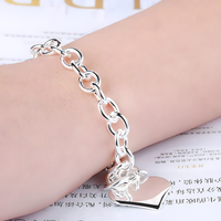 925 Sterling Silver Heart Charm Bracelet-Dangling Love Charm Secure Lobster 1804
