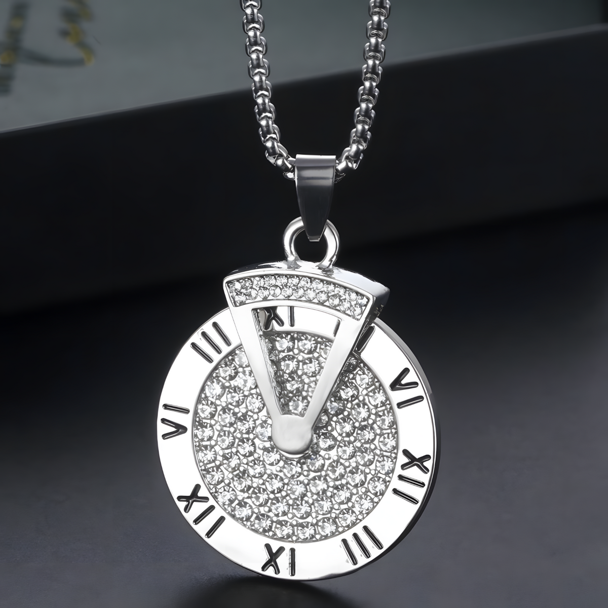 Rotatable Roman Numeral Round Disc Pendant Necklace for Men Hip Hop Spinner 1385