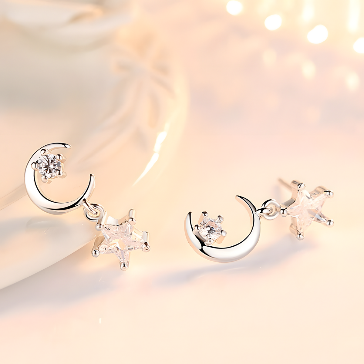 Moon And Star Crystal Stud Earrings Women Aluminium Alloy Metal Asymmetric  1060