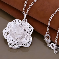 925 Sterling Silver Delicate Rose Flower Pendant Necklace Elegant Openwork 451
