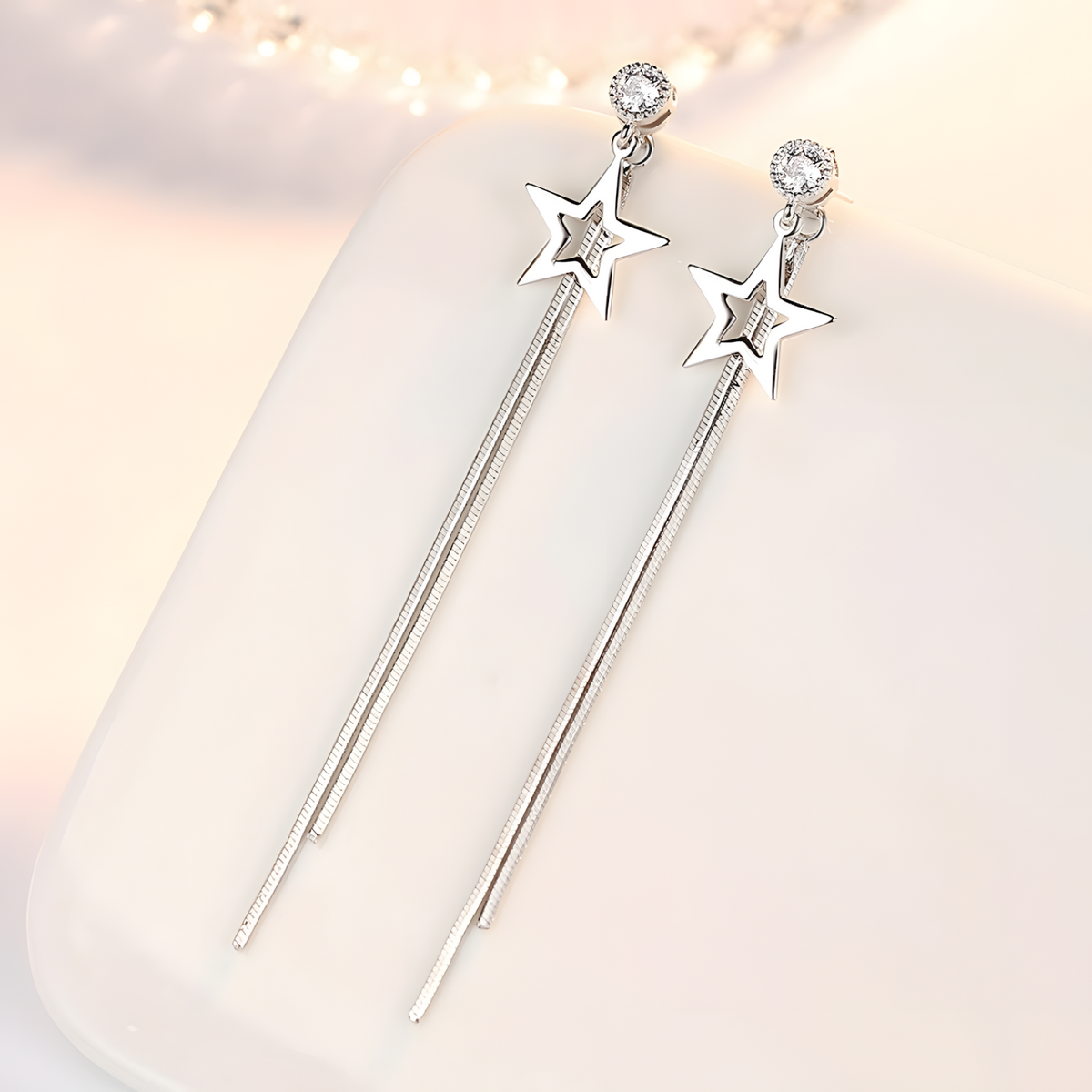 925 Silver-Plated Alloy Long Star Dangle Earrings for Women– Classic Zircon 1000