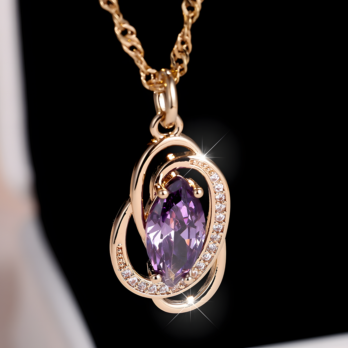585 Rose Gold Plated Oval Purple Cubic Zirconia Pendant Necklace for Women 1288