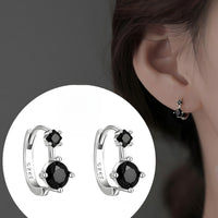 925 Silver-Plated Black Zircon Hoop Earrings for Women Geometric Dual Stone 921