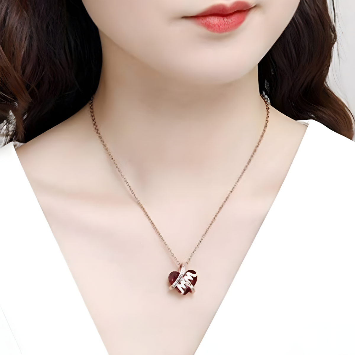 "I Love You Mom" Necklace -Red Crystal Heart Pendant Jewelry Gift for Mother B90