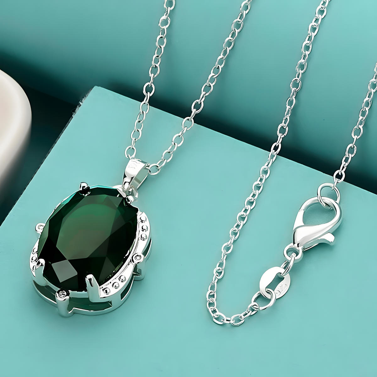 Emerald Green Oval Crystal Look Pendant Necklace For Women Silver Colour 1773