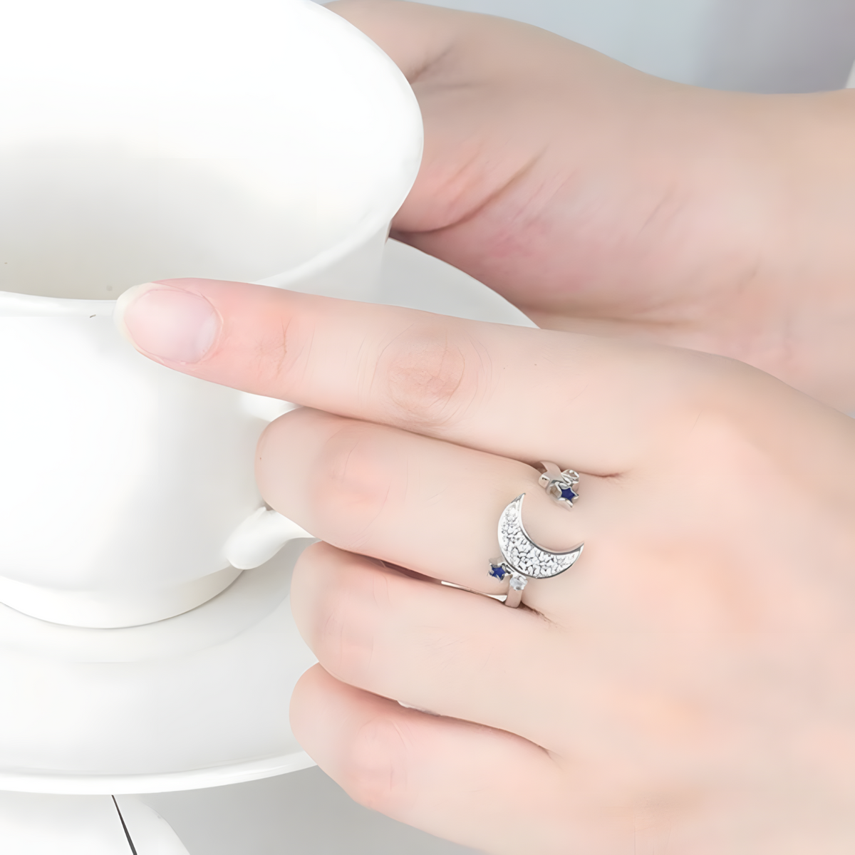 925 Sterling Silver Moon and Star Adjustable Ring Rhinestone Celestial Ring 367