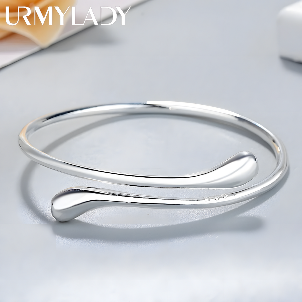 925 Silver-Plated Alloy Open Cuff Bangle Women – Water-Drop Ends, Adjustable 861