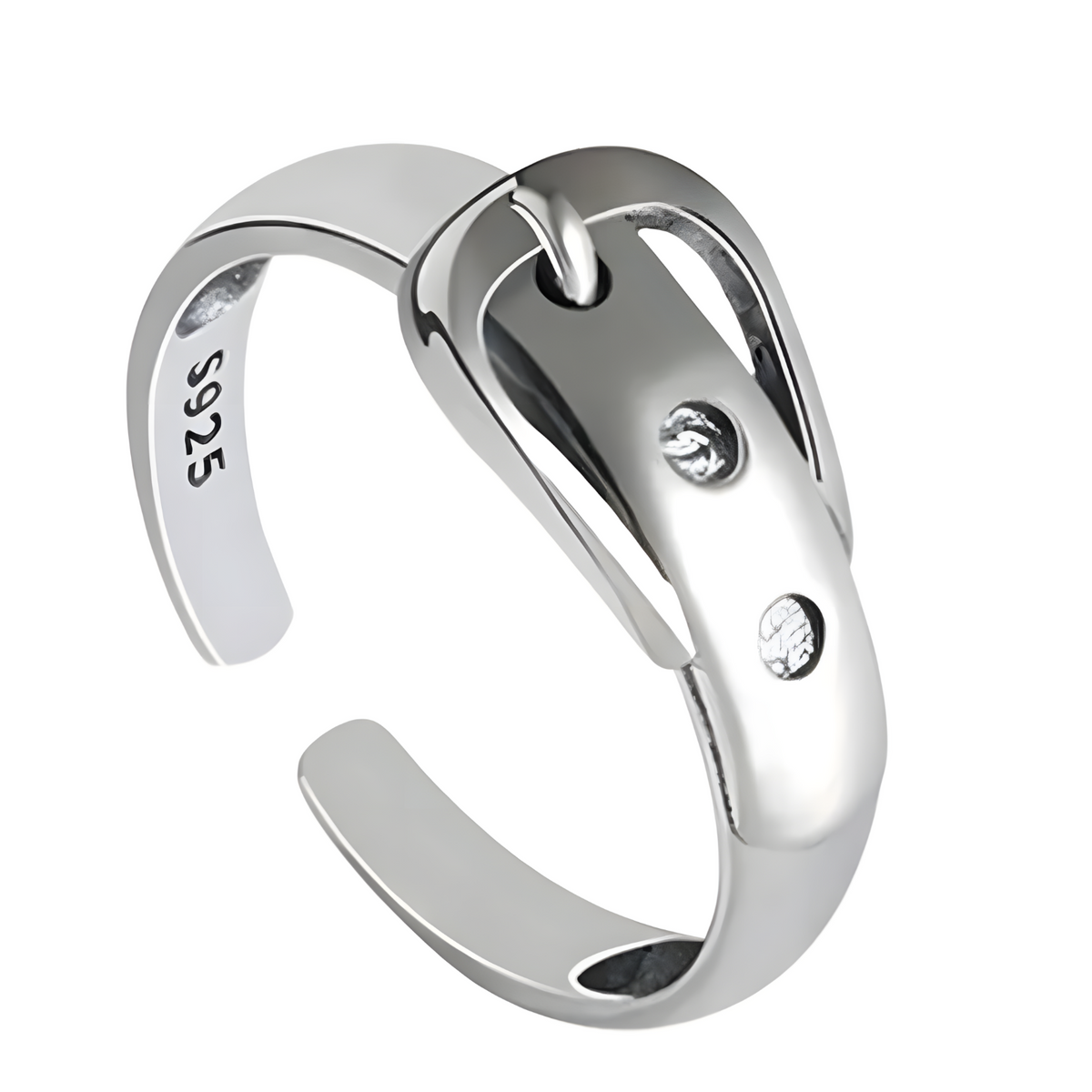 Silver Buckle Ring, S925 Sterling Silver CZ Adjustable Belt Ring, Stackable 494