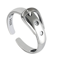 Silver Buckle Ring, S925 Sterling Silver CZ Adjustable Belt Ring, Stackable 494