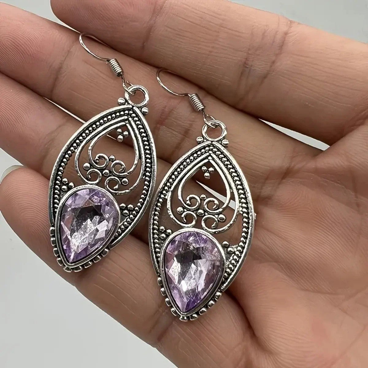 Purple Teardrop Crystal Look Drop Earrings For Women Silver Colour Filigree 1775