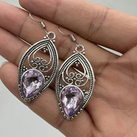 Purple Teardrop Crystal Look Drop Earrings For Women Silver Colour Filigree 1775
