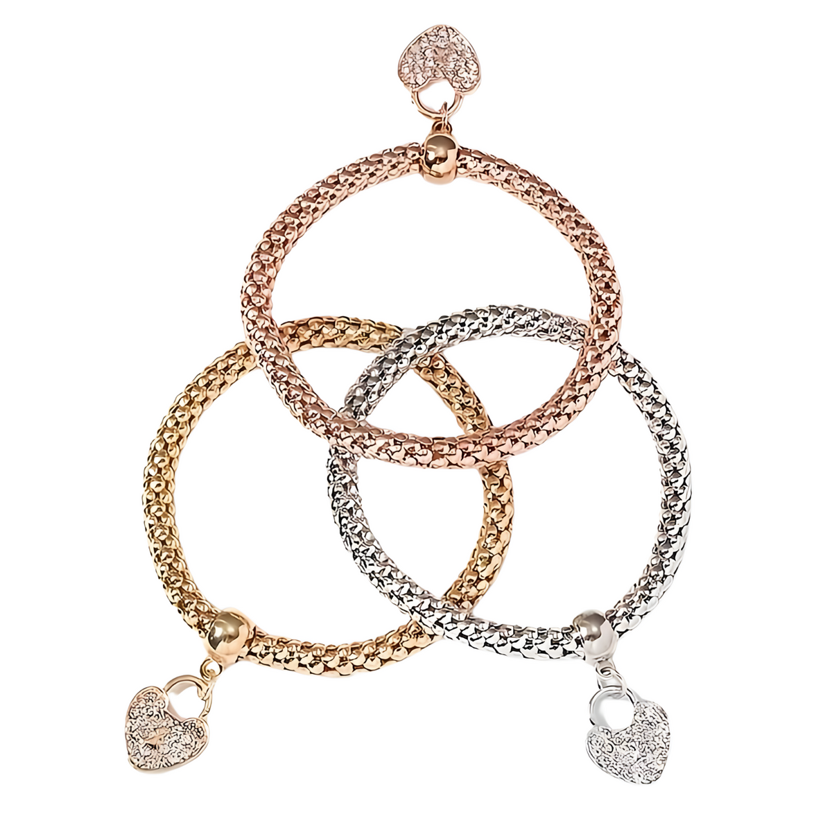 3-Piece Heart Charm Bracelet Set for Women – Rose Gold, Silver & Gold Plated 697